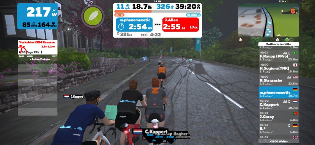 Screenshot während einer Zwift-Fahrt von der App-Ansicht