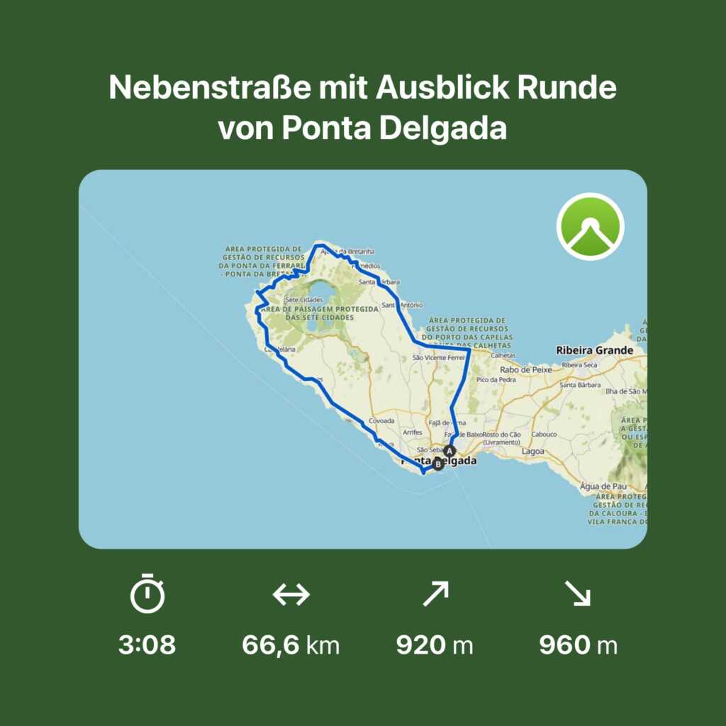 Kartenausschnitt der aktuellen Radtour um Sete Cidades mit Entfernung, Steigung und Dauer.