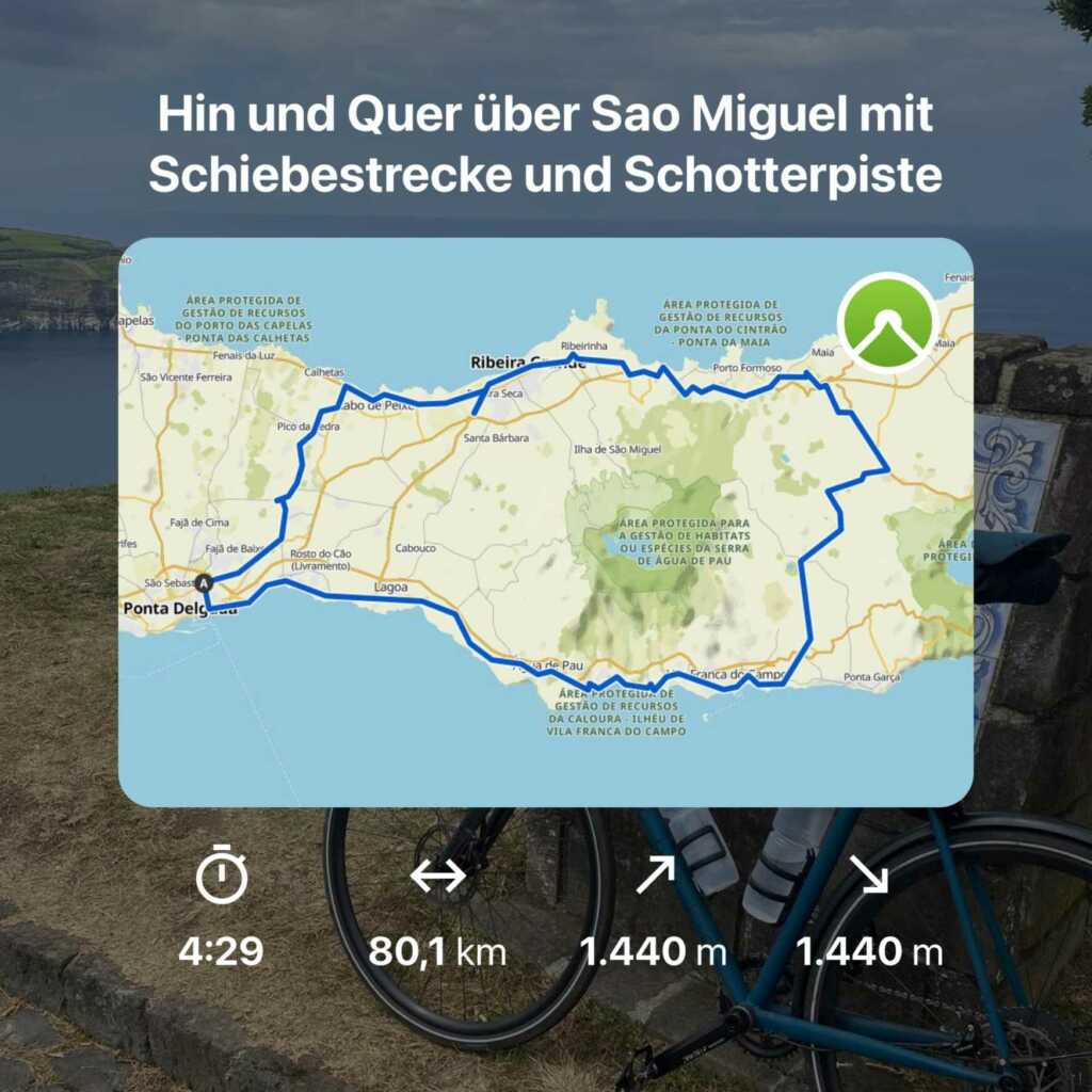 Share-Pin zur Fahrradtour auf Sao Miguel mit Angaben zur Länge (80km) und Höhenmetern (1440m)