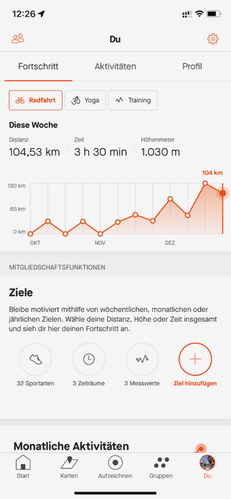 Screenshot von Strava, eine weitere meiner Fitness-Apps für Indoor-Cycling
